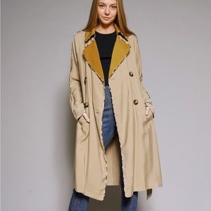 196. Trench Coat Khaki Mustard Belted Pockets Flowing Detailed Piping NWT